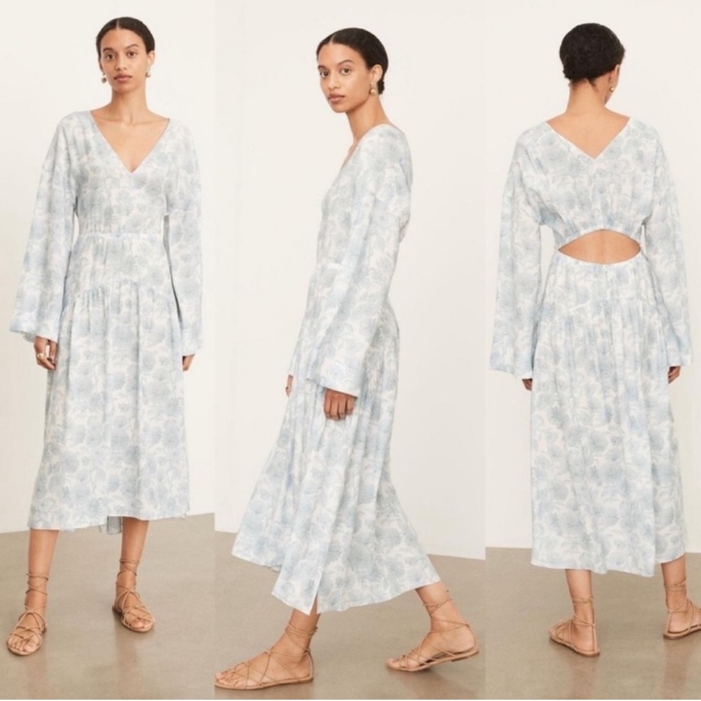 Vince Dahlia Long‎ Sleeve Double V Neck Midi Dress Cutout Back